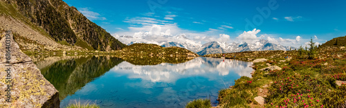 High resolution stitched alpine summer panorama with reflections at Lake Klaussee  Mount Klausberg  Ahrntal valley  Pustertal  Trentino  Bozen  South Tyrol