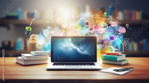 Laptop and books on wooden desk with abstract colorful background. Education concept.
Education technology E-learning Online Training 
 photo