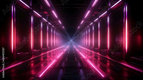 Futuristic neon tunnel with pink and purple lights  creating a symmetrical vanishing point.