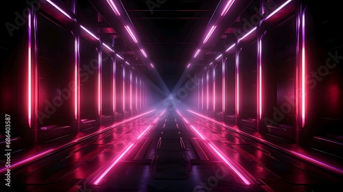 Futuristic neon tunnel with pink and purple lights, creating a symmetrical vanishing point.