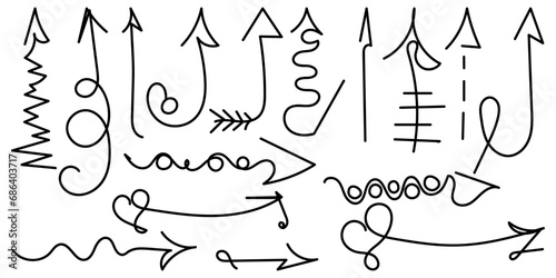 Doodle set of hand-drawn black arrows isolated on white background. Editable stroke. Monochrome vector illustration for cards, business, banners, logotypes, textile