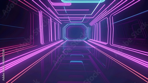 Futuristic neon tunnel with glowing pink and blue lines, abstract virtual reality space background.
