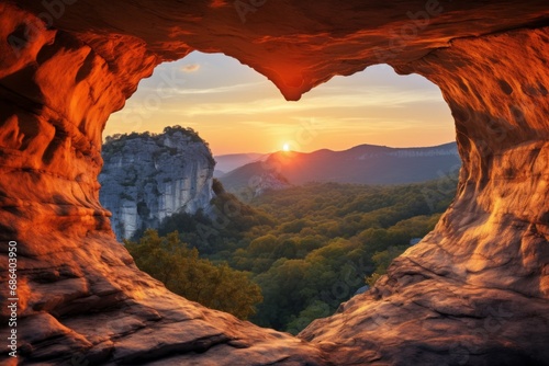 Heart-shaped cave and beautiful nature view. Background with selective focus and copy space photo