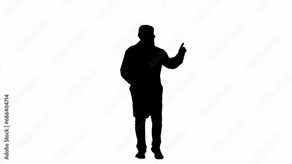 Portrait of man medic in studio isolated on white background alpha channel. Senior doctor silhouette in uniform walk with hand up pointing.