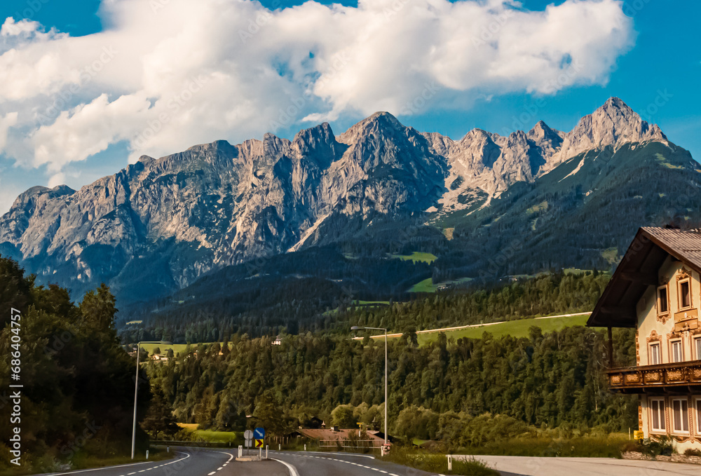Alpine summer view with the Tennengebirge mountains near Pfarrwerfen, St. Johann im Pongau, Salzburg, Austria