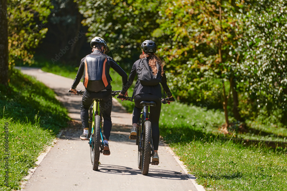 Fototapeta premium A blissful couple, adorned in professional cycling gear, enjoys a romantic bicycle ride through a park, surrounded by modern natural attractions, radiating love and happiness