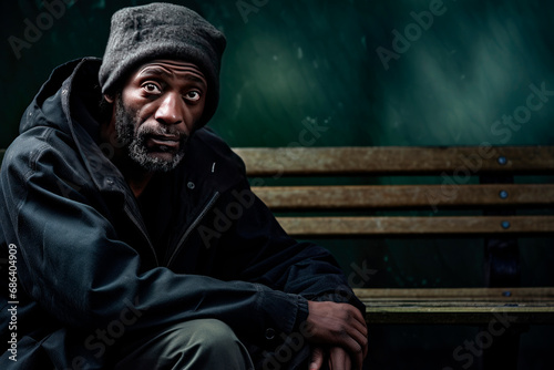 Unhappy homeless black man sitting on a bench in an autumn park photo