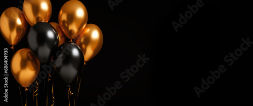 Golden and black balloons on black background with copy space.
