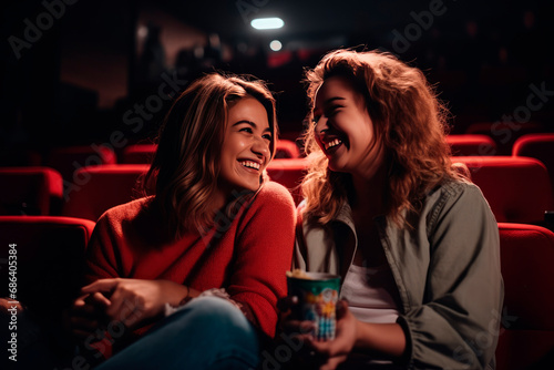 Pretty lesbian couple admiring each other on a movie date