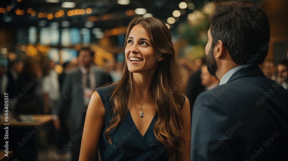 A dynamic corporate setting with a smiling woman conveys professionalism and positivity, suitable for business services or networking event advertisements.