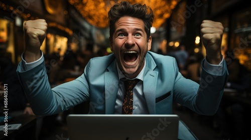 A man in a café throws his fists in the air in a victorious gesture, his face expressing sheer triumph, used to illustrate success, achievement, or positive outcomes in business or personal milestones