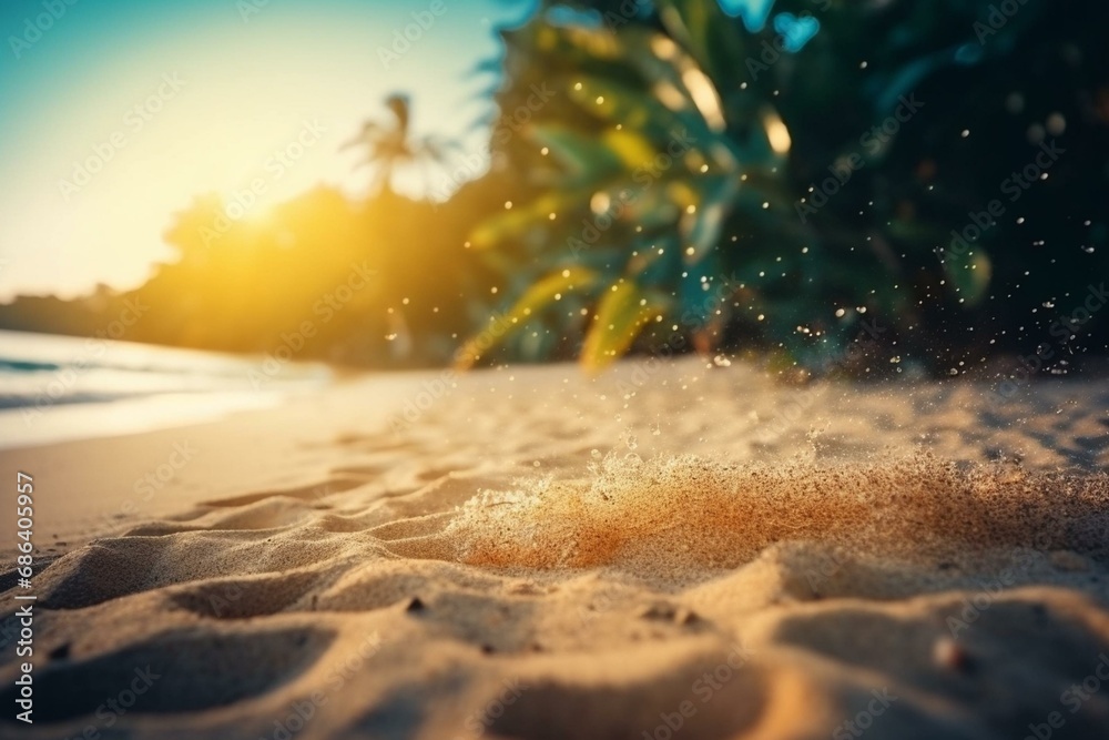 Sandy beach, tropical vibes, sunlight with bokeh effect. Generative AI