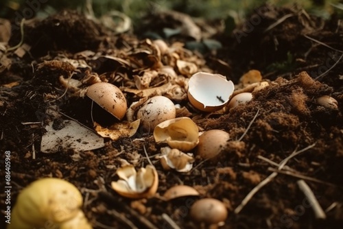 Compostable food waste on ground. Organic leftovers composting. Empty area. Generative AI