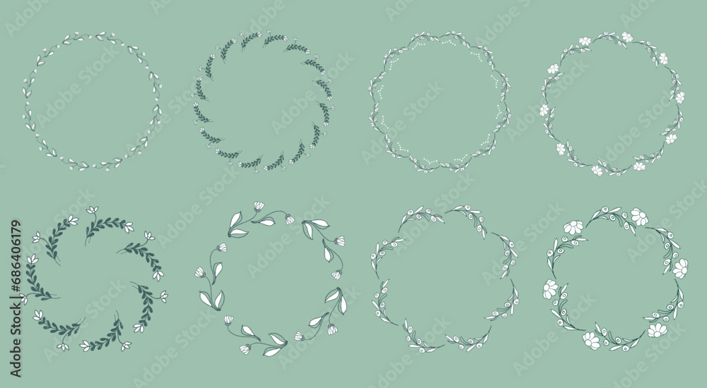 Set of round flower frames. Rustic. Hand drawn. For design. Vector Set of round flower frames. Rustic. Hand drawn. For design. Vector