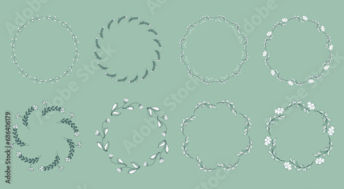 Set of round flower frames. Rustic. Hand drawn. For design. Vector