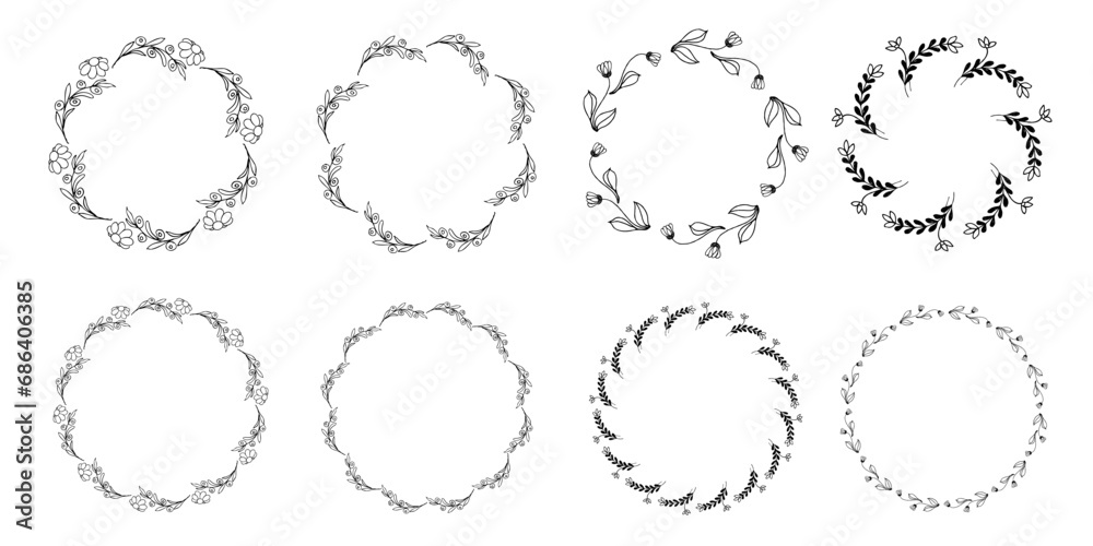 Obraz premium Set of round flower frames. Rustic. Hand drawn. For design. Vector