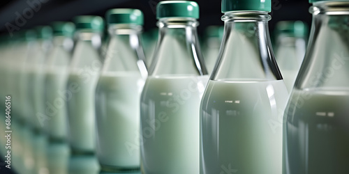 Glass bottles of fresh milk zoom close up, created by Generative AI.