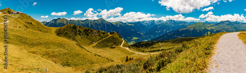 High resolution stitched alpine summer panorama at Schlossalmbahn cable car, Mount Kleine Scharte, Bad Hofgastein, St. Johann im Pongau, Salzburg, Austria photo