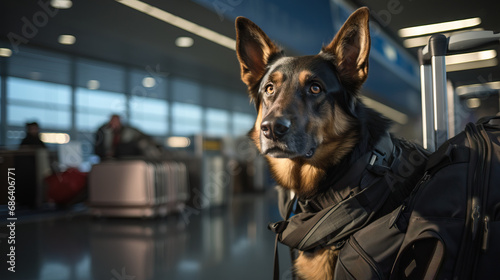 Police search drug-sniffing dog at the airport checking bags. Concept of Security Vigilance, Canine Assistance, and Combating Illegal Activities.