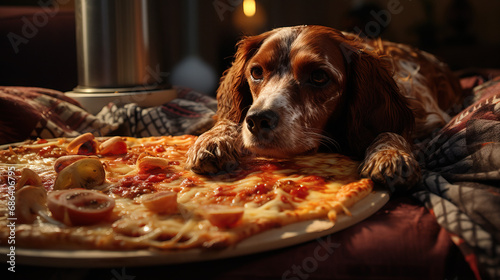 Dog sitting next to a hot pizza. Concept of Temptation, Canine Companion, and the Irresistible Aroma of Delicious Moments.