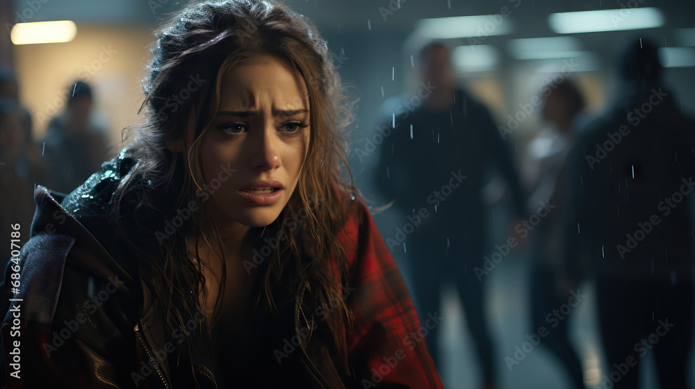 High school student crying after getting bullied in the rain. Concept of Emotional Struggles, Adolescent Challenges, and the Impact of Bullying. High school student crying after getting bullied in the rain. Concept of Emotional Struggles, Adolescent Challenges, and the Impact of Bullying.