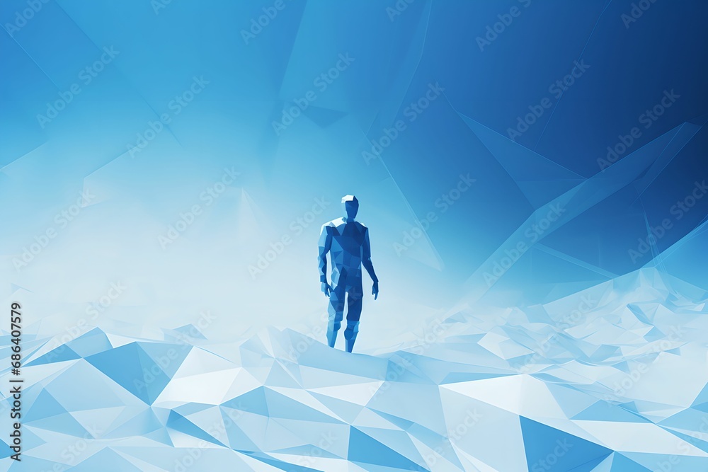 Obraz premium Minimalistic Low-Poly Man in Striking Digital Environment, Blue, Technology, Abstract, Geometric