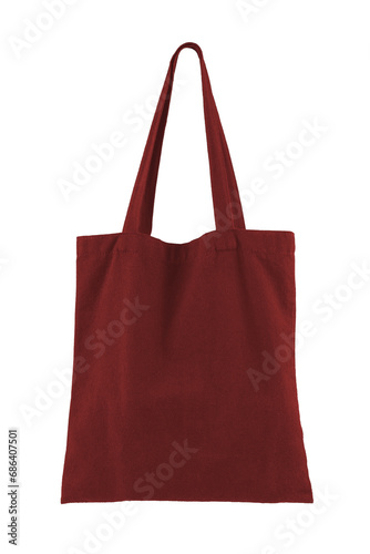 Fabric cotton, linen shopping sack, tote bag isolated on white, transparent background, PNG. Reusable red grocery shopping bag, mockup, template for design, copy space. Eco friendly, zero waste