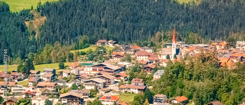 Alpine aerial summer view with a church at Mieders, Stubaital valley, Innsbruck, Austria
