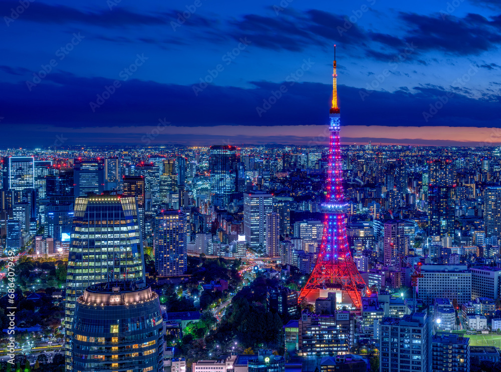 HDR image of Tokyo tower with Diamond Veil light up and Tokyo cityscape at magic hour. - obrazy, fototapety, plakaty 