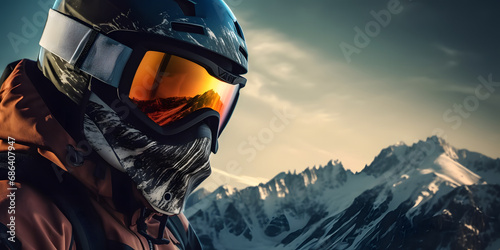 Reflexion of mountains landscape in the ski mask screen of a surfer. Mountain background during the winter. Generated by AI.