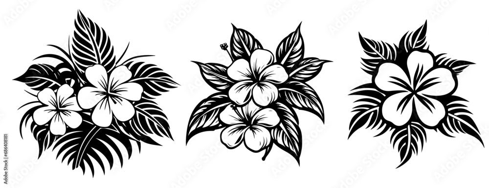 set of  tropical leaves and flowers 