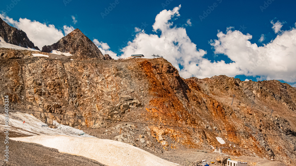 Alpine summer view with tarpaulins that protect the ice at the famous Stubai Glacier, Top of Tyrol, Mutterbergalm, Stubaital valley, Innsbruck, Austria