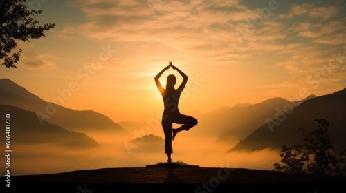 A woman silhouette doing Hatha tree pose in yoga movement, outside a calm foggy hill at morning sunrise.