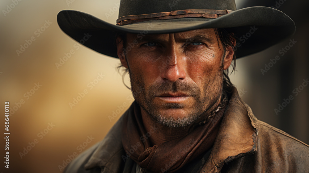 Portrait of cowboy like in western movie, face of bearded man wearing hat and brown vintage outfit on blur background. Concept of wild west, outlaw, tough people