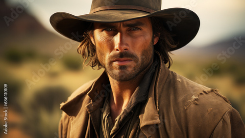 Portrait of cowboy like in western movie, face of young bearded man wearing hat and brown vintage outfit on blur background. Concept of wild west, outlaw, handsome people photo