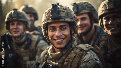 Portrait of soldiers looking at camera, faces of smiling men in modern uniform. Happy group of military male in forest. Concept of war, Middle East, army, Israel, young people photo