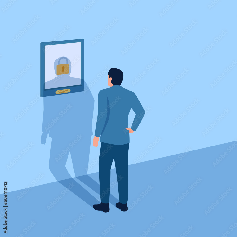 person standing in front of painting, metaphor of copyright. Simple flat conceptual illustration. person standing in front of painting, metaphor of copyright. Simple flat conceptual illustration.