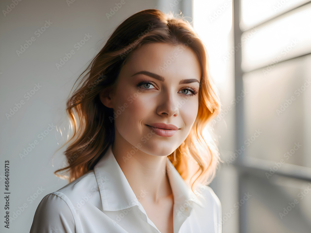 Portrait of a beautiful business woman. Professional young lady wearing white shirt looking at camera. Indoors professional photography. Portrait of a beautiful business woman. Professional young lady wearing white shirt looking at camera. Indoors professional photography.