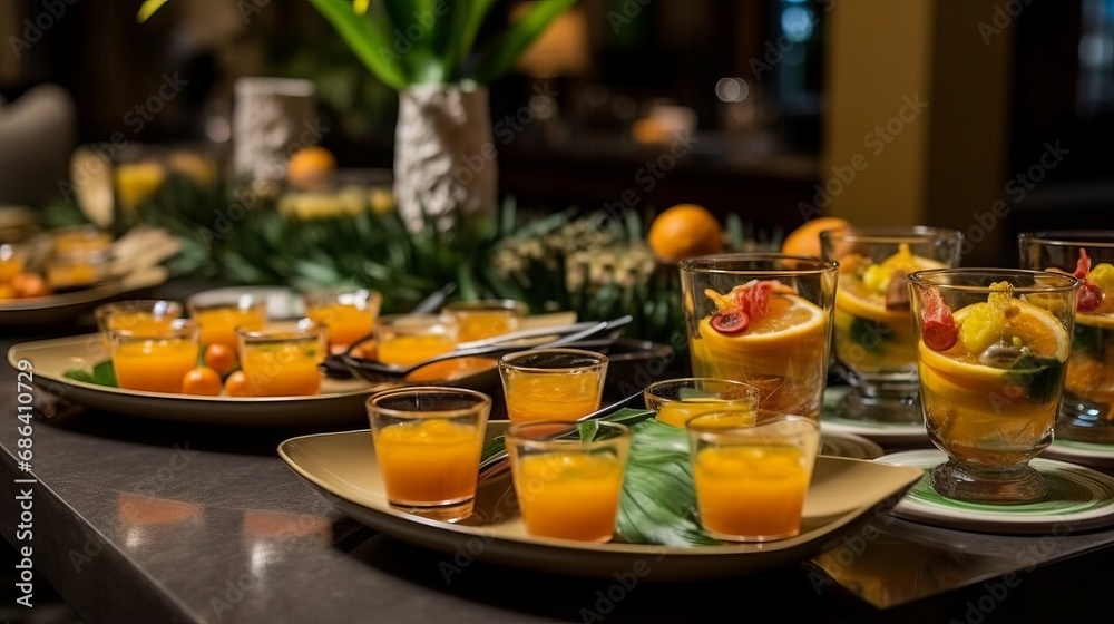 Beautiful tropical feast, guests enjoyed a variety of exquisite handcrafted dishes; from appetisers to desserts, each dish revealed succulent flavours of gourmet cuisine. Food concept. Feast concept.