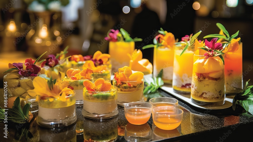 Beautiful tropical feast, guests enjoyed a variety of exquisite handcrafted dishes; from appetisers to desserts, each dish revealed succulent flavours of gourmet cuisine. Food concept. Feast concept.