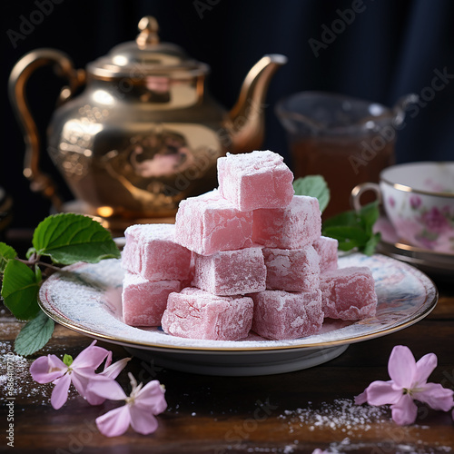 A plate of Turkish delight made with corn starch, rose water and powdered sugar.