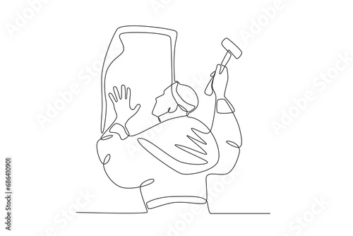 A priest holding a banner and a hammer. Reforma protestante one-line drawing