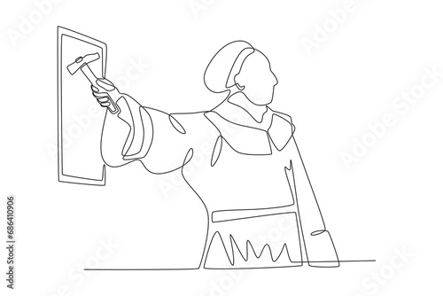 A priest holding a hammer. Reforma protestante one-line drawing