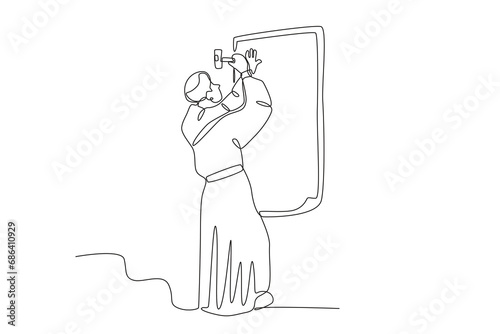 A priest knocks a hammer. Reforma protestante one-line drawing