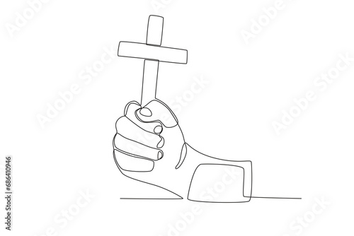 A hand holds a cross. Reforma protestante one-line drawing