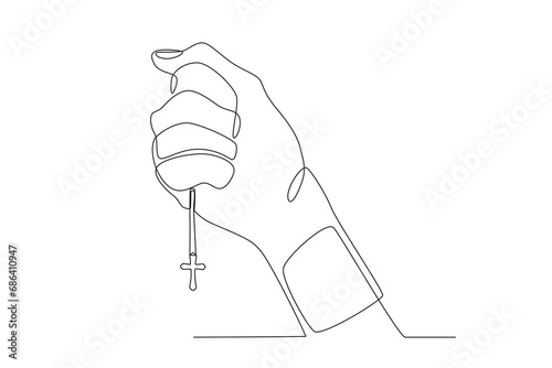 A hand holding a cross necklace. Reforma protestante one-line drawing