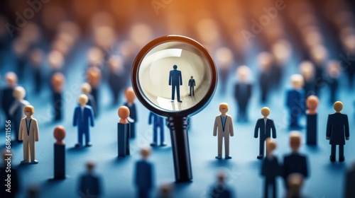 HRM or Human Resource Management, Magnifier glass focus to manager icon which is among staff icons for human development recruitment leadership and customer target. resume, interview. generate by AI #686411556