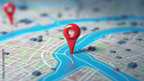 3D Map travel location. Locator mark of map and location pin or navigation icon sign on background with search. 3D rendering. photo