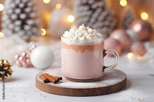 a cup of hot chocolate with marshmallows and cream on top with christmas decorations, pink and white baubles and lights on background