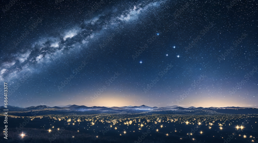 Obraz premium In the quiet starry night, dark blue background dotted with stars, jewels in the night sky, emitting a mysterious and charming light, dreamy atmosphere flat background material